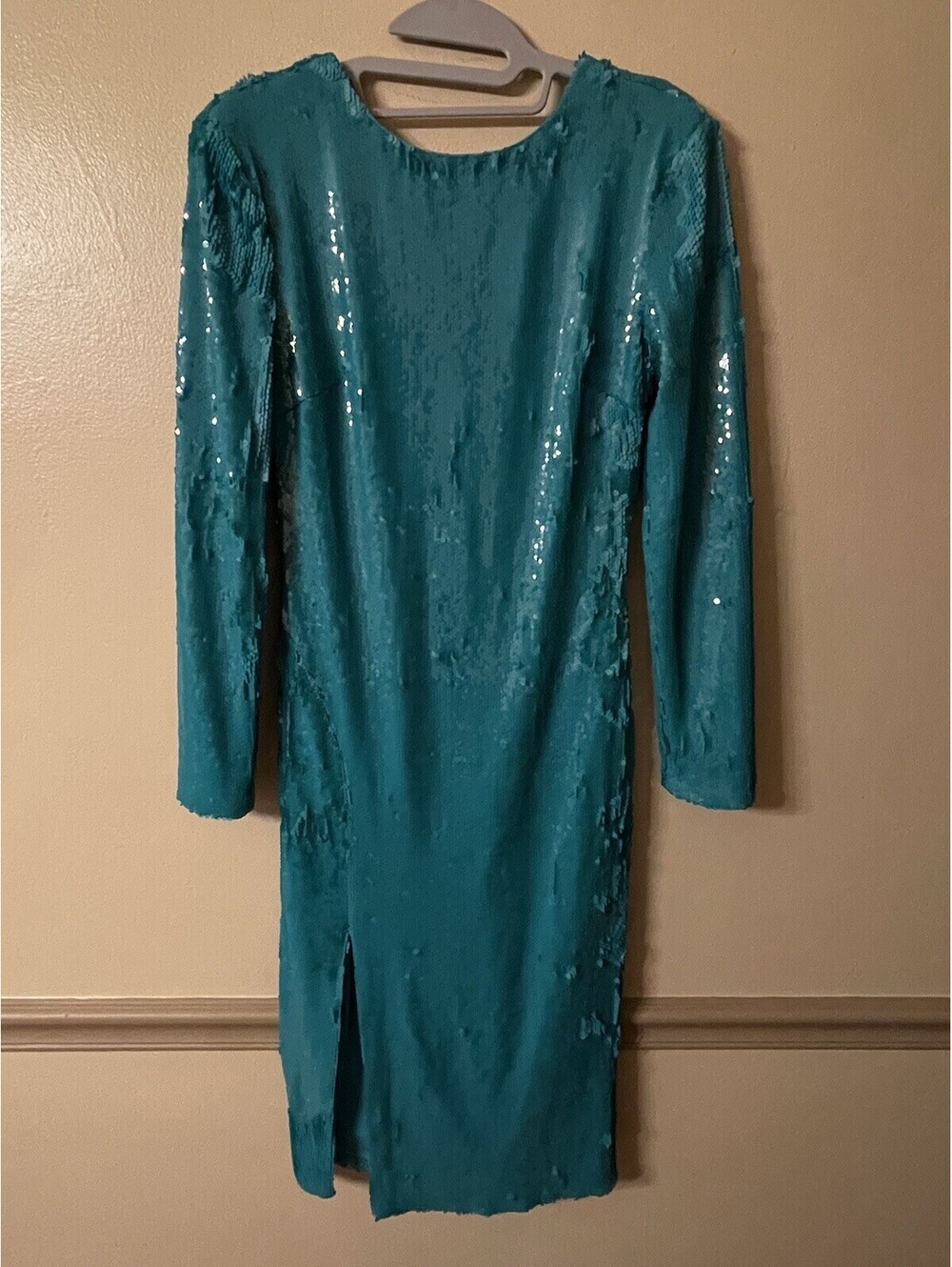 Dress the Population Natalie Sequin Long Sleeve Slit Midi Dress Size M In Capri - Picture 5 of 7
